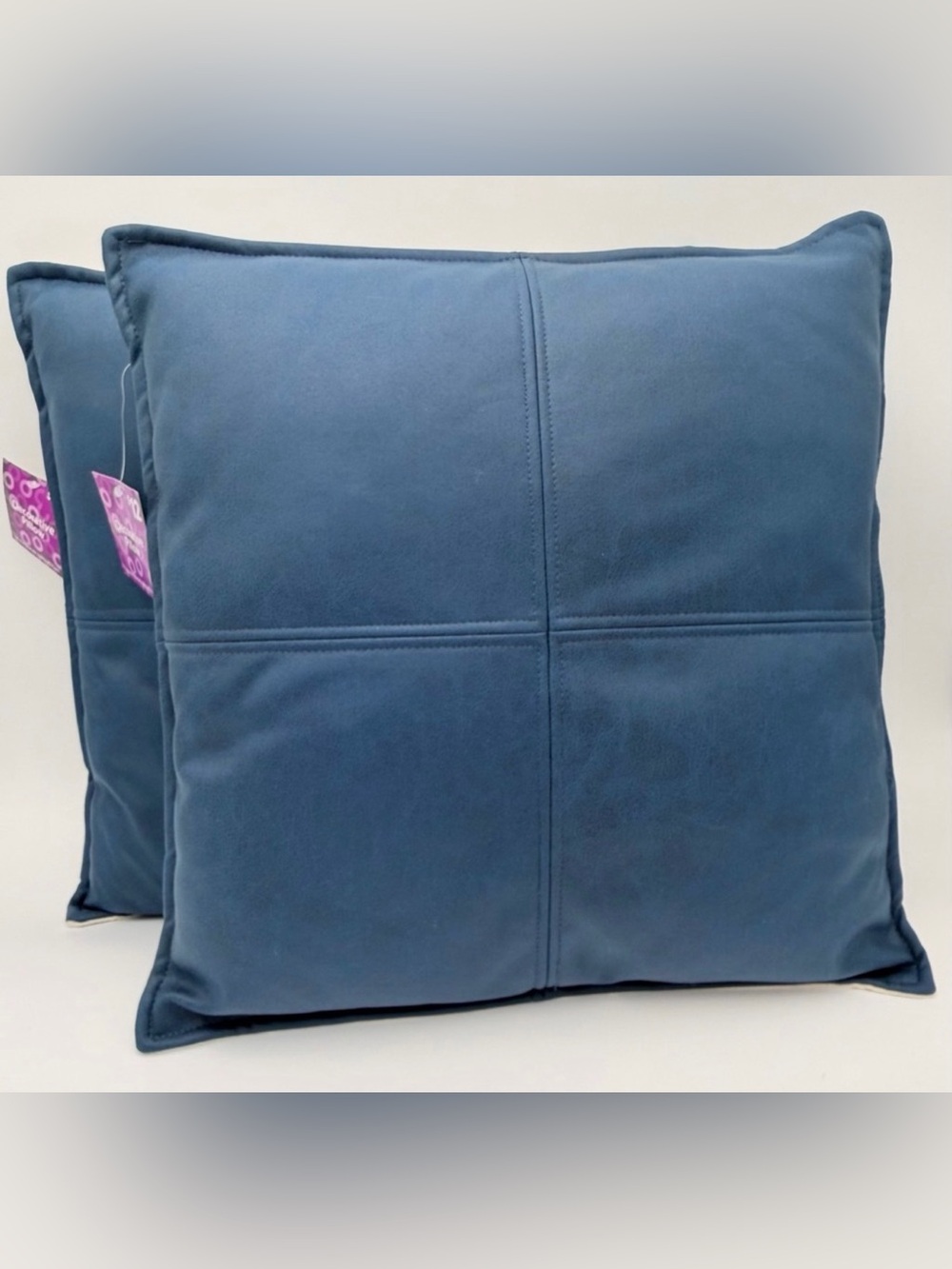 Set of 2 Blue Faux Leather Throw Pillow 16” X 16”